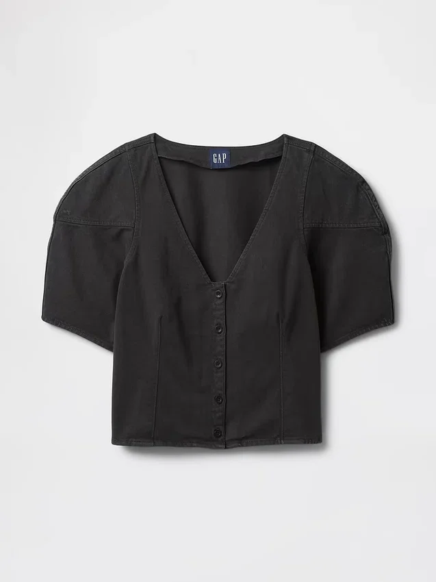 Camisa corta de mezclilla con mangas acampanadas