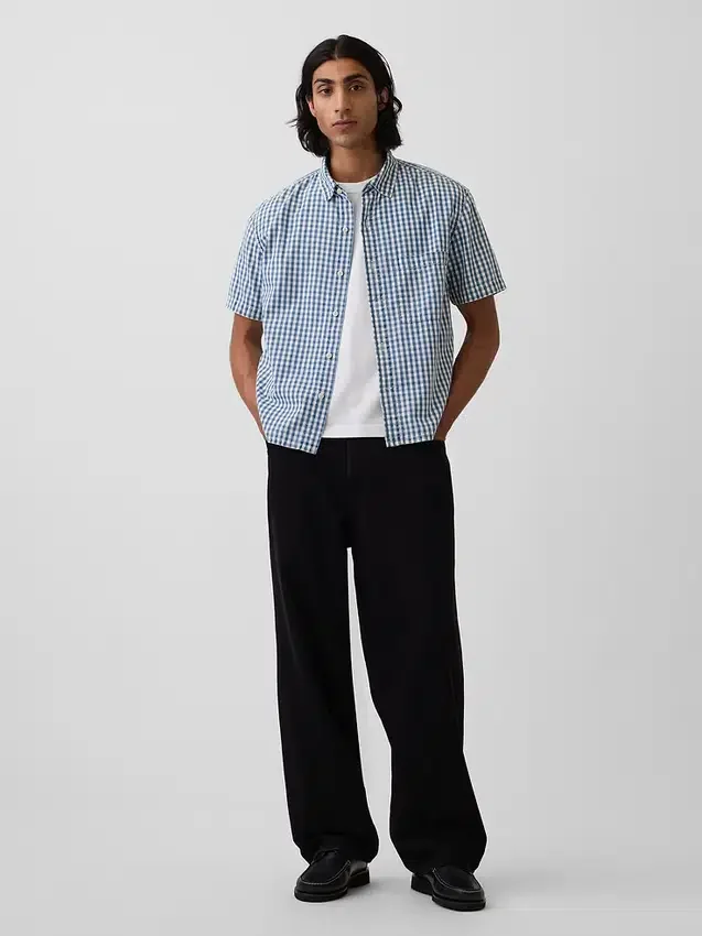 Camisas de mezclilla a cuadros con corte holgado y dobladillo recto