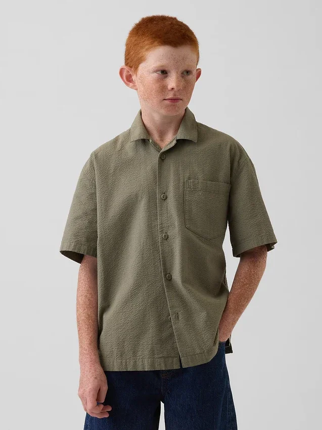 Camisas de vacaciones para niños, de algodón seersucker texturado y corte holgado
