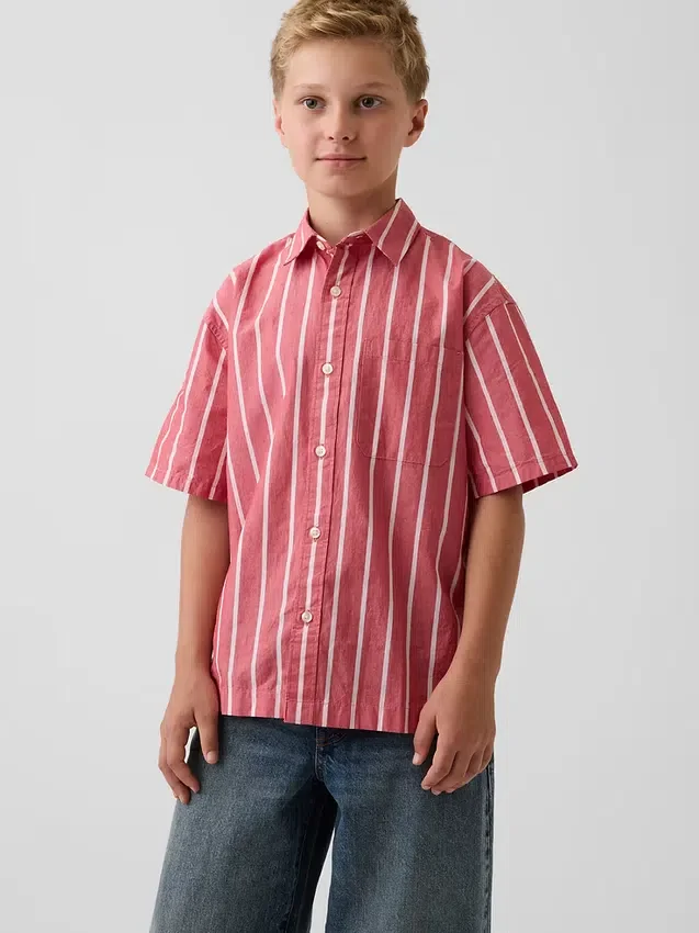 Camisas infantiles de popelín de algodón orgánico con rayas y corte holgado