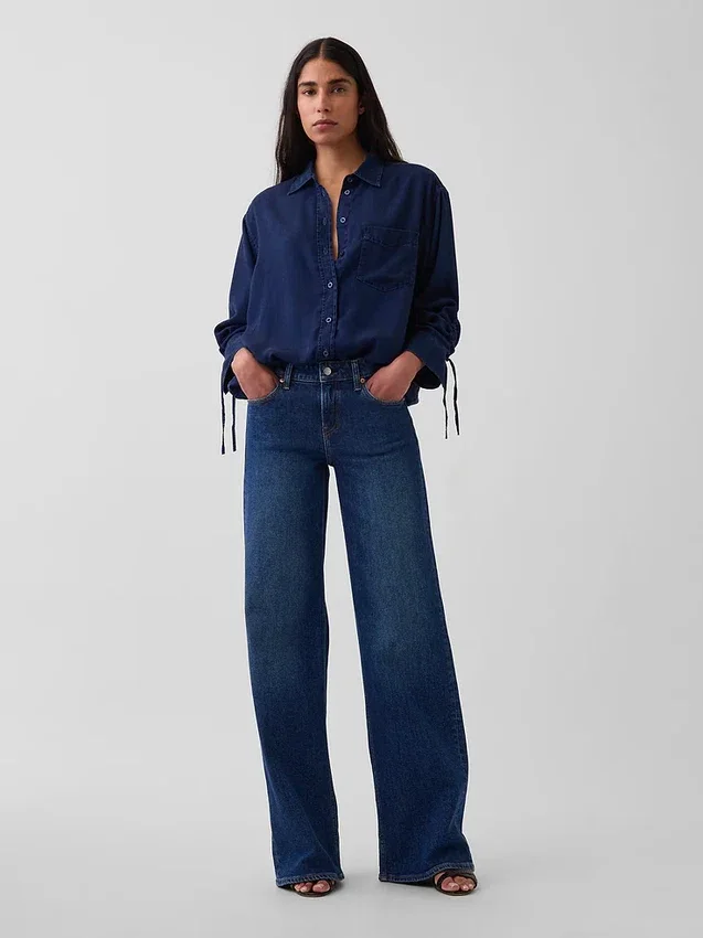 Camisas oversize de mezclilla con mangas fruncidas