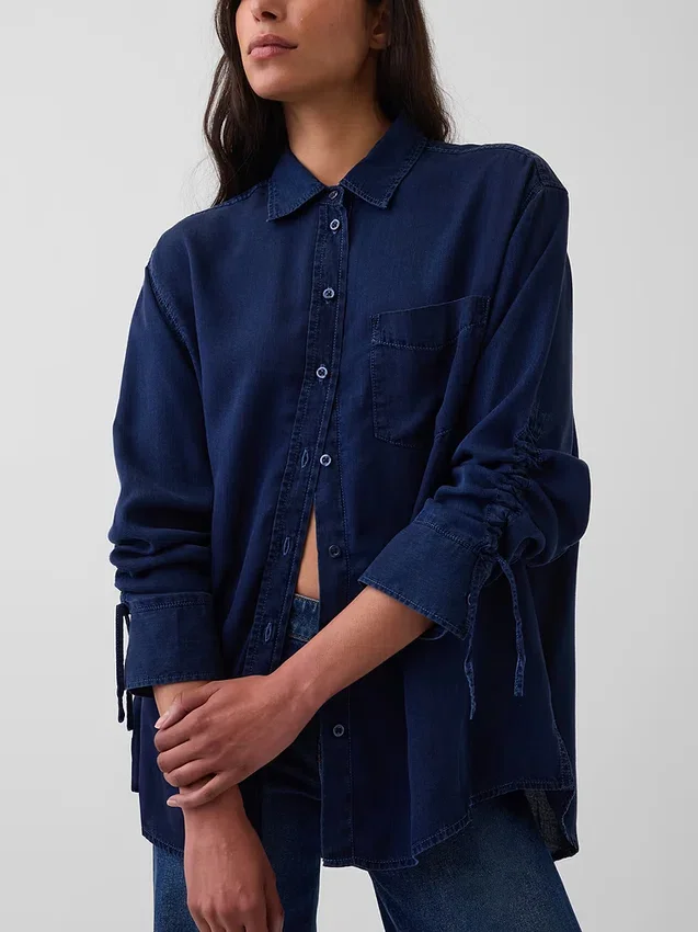 Camisas oversize de mezclilla con mangas fruncidas