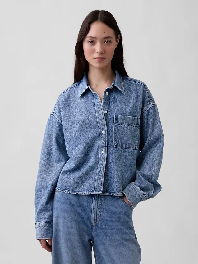 Camisas oversize de mezclilla ultrasuave con dobladillo recto y corte corto