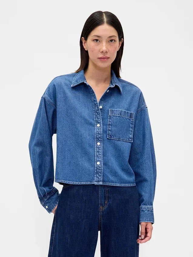 Camisas oversize de mezclilla ultrasuave con dobladillo recto y corte corto
