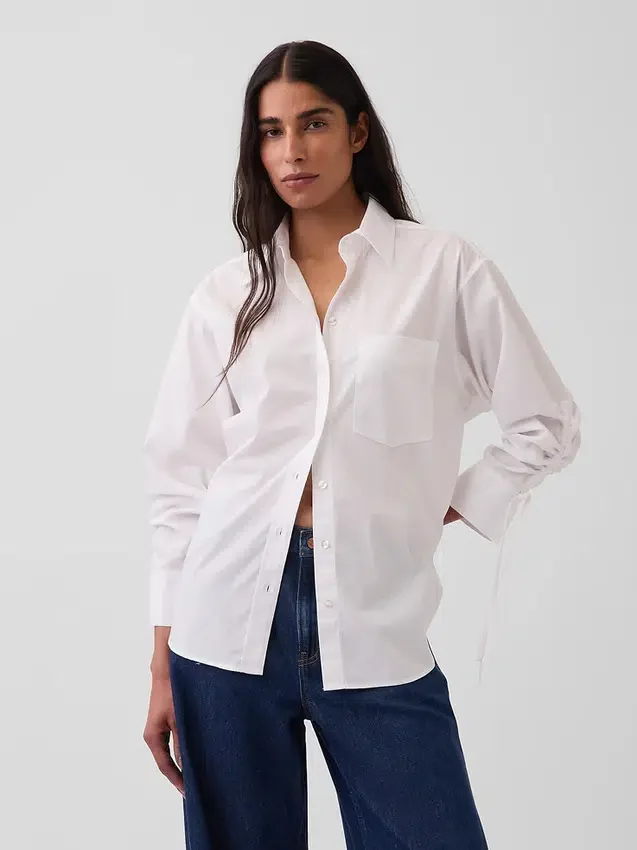 Camisas oversize de popelín de algodón orgánico con mangas fruncidas