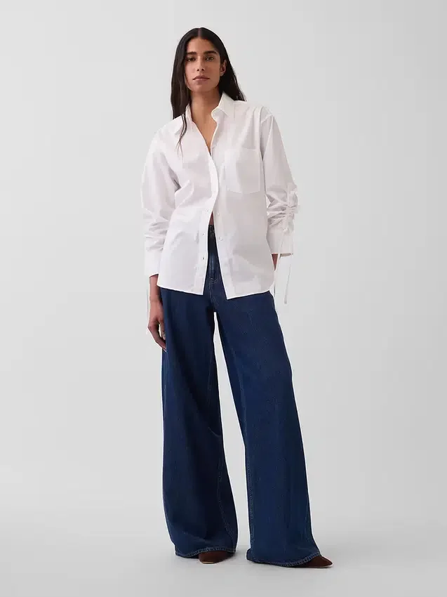 Camisas oversize de popelín de algodón orgánico con mangas fruncidas