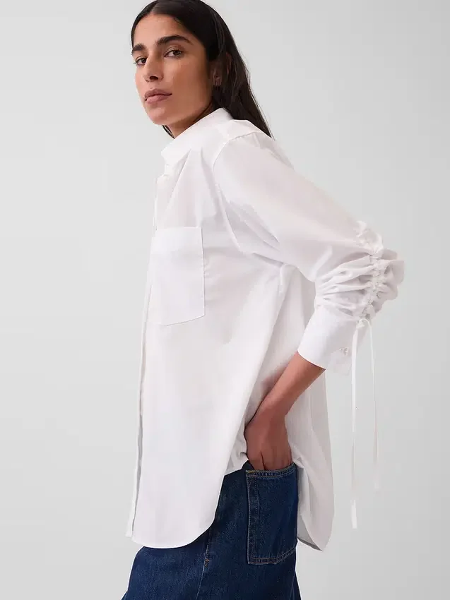 Camisas oversize de popelín de algodón orgánico con mangas fruncidas