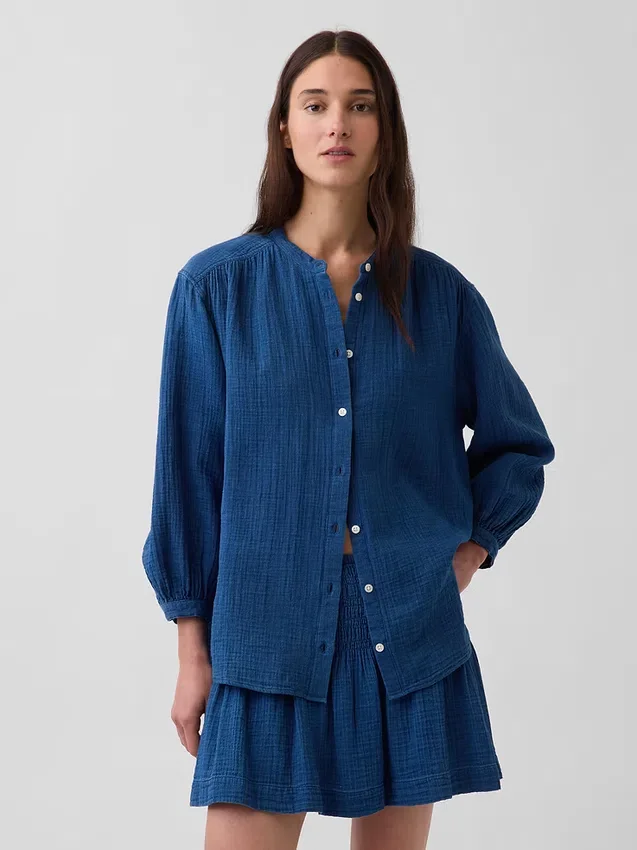 Camisas oversize sin cuello de gasa de algodón vaquero