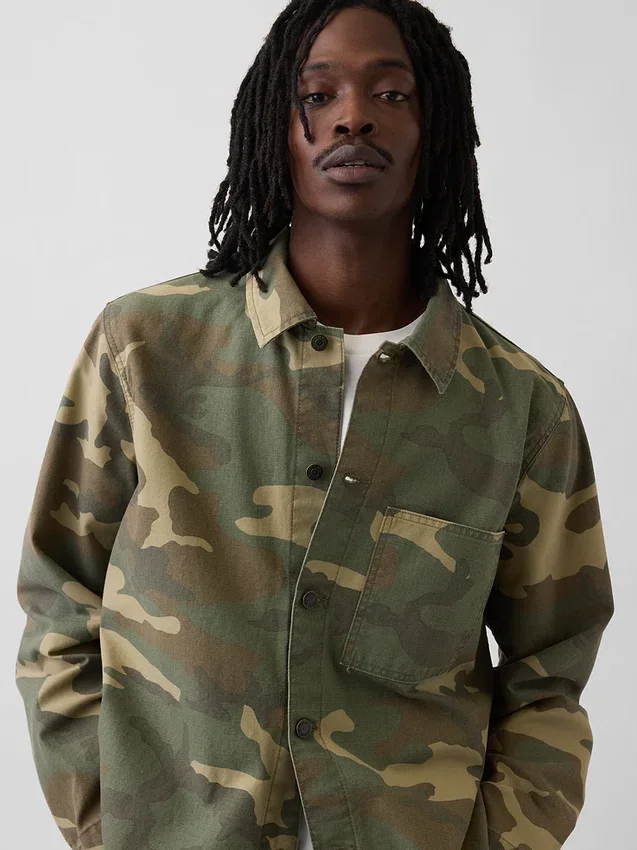 Camisas utilitarias de lona de mezclilla con estampado de camuflaje