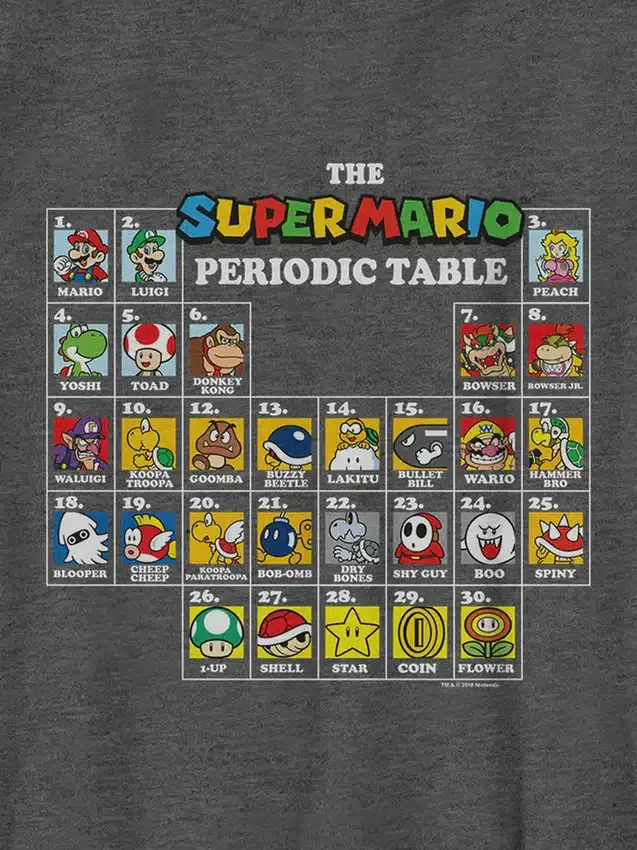 Camiseta con diseño de la tabla periódica de Nintendo para niños