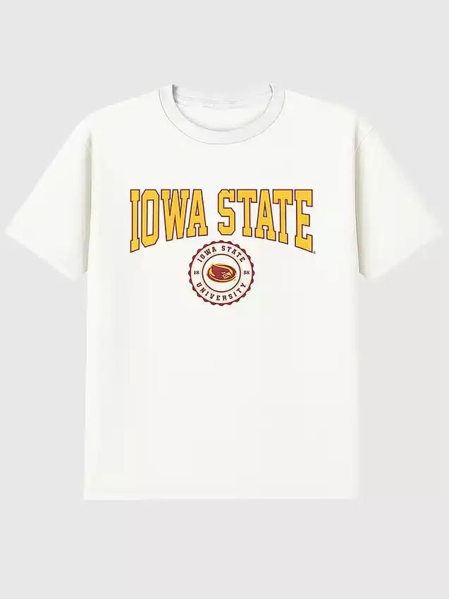Camiseta con el sello universitario de la Universidad Estatal de Iowa en diseño gráfico oscuro