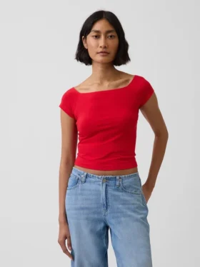 Camiseta corta de jersey de punto tupido con hombros al aire