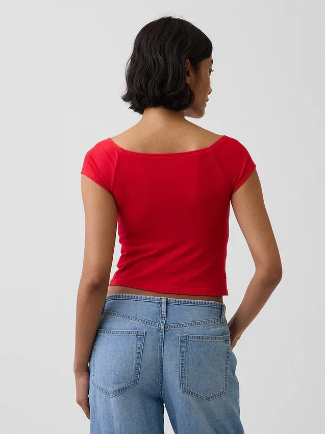 Camiseta corta de jersey de punto tupido con hombros al aire