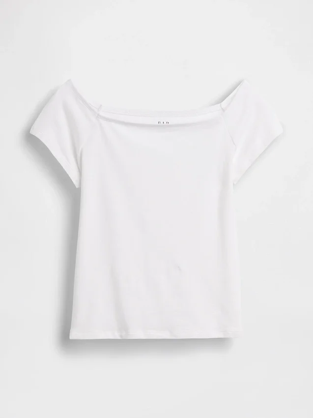 Camiseta corta de jersey de punto tupido con hombros al aire