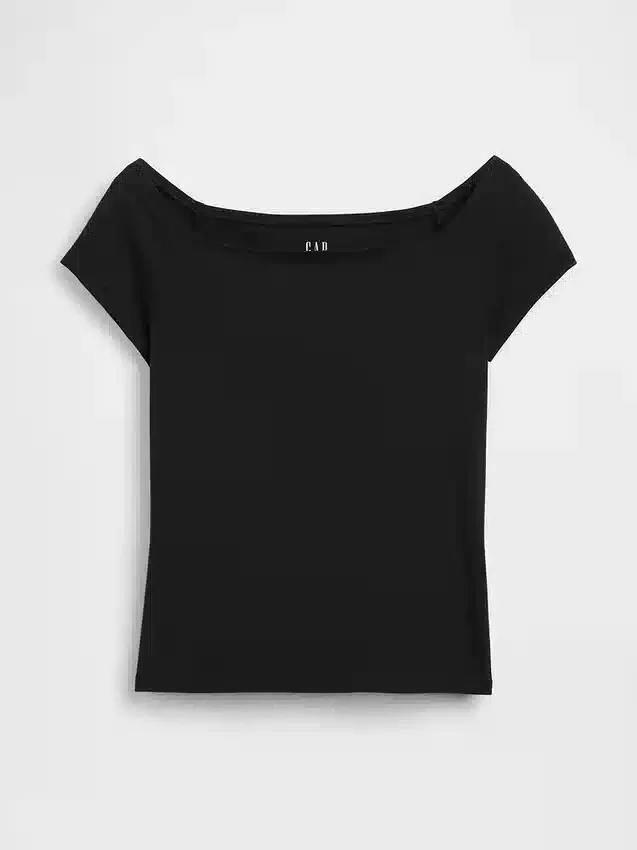 Camiseta corta de jersey de punto tupido con hombros al aire