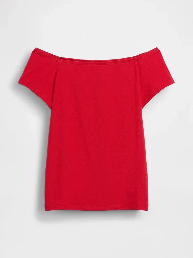Camiseta corta de jersey de punto tupido con hombros al aire