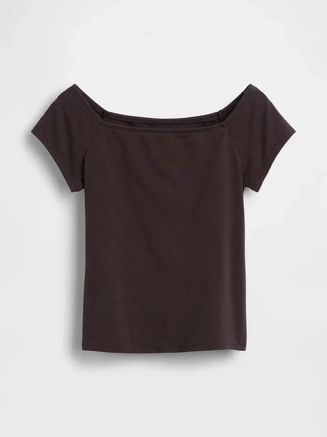 Camiseta corta de jersey de punto tupido con hombros al aire