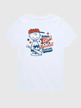 Camiseta de manga corta de béisbol para niños pequeños de Peanuts con Charlie Brown y el mensaje «Sorry I Can’t»