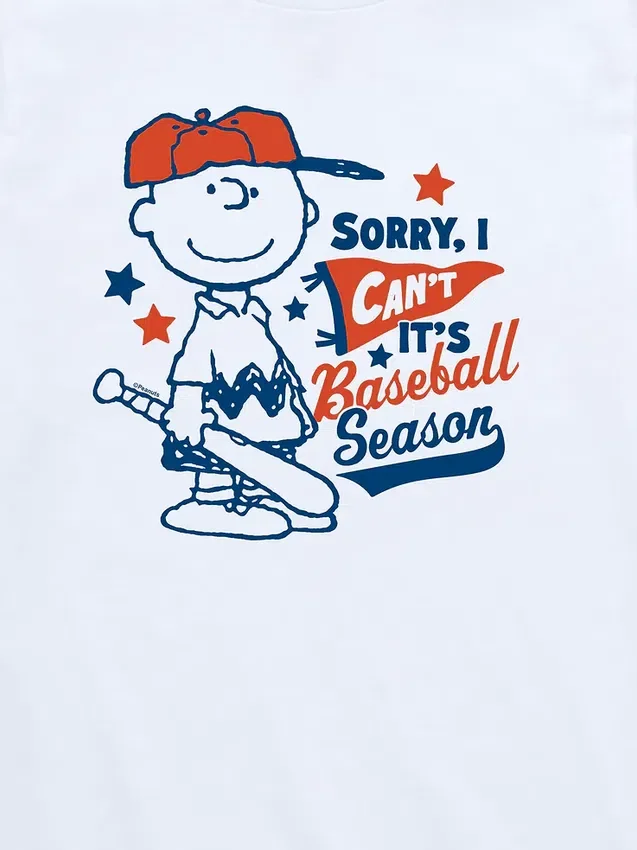 Camiseta de manga corta de béisbol para niños pequeños de Peanuts con Charlie Brown y el mensaje «Sorry I Can’t»