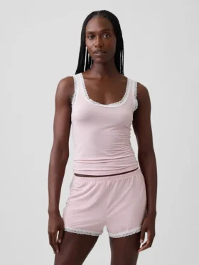 Camiseta de pijama sin mangas con ribete de encaje de modal ultra suave