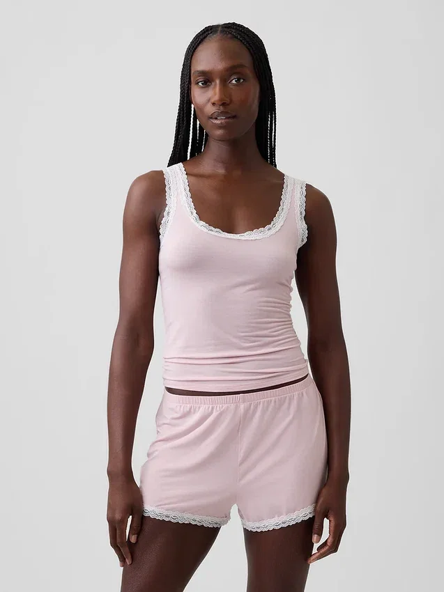 Camiseta de pijama sin mangas con ribete de encaje de modal ultra suave