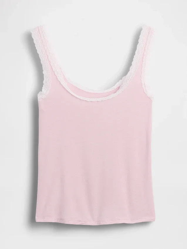 Camiseta de pijama sin mangas con ribete de encaje de modal ultra suave