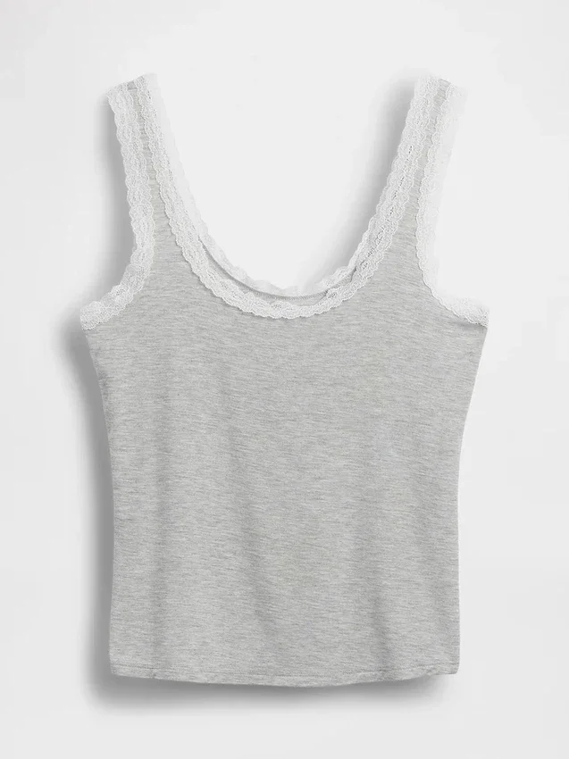 Camiseta de pijama sin mangas con ribete de encaje de modal ultra suave