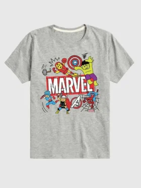 Camiseta gráfica de manga corta con diseño de garabatos de los Vengadores de Marvel para niños pequeños en pantalones cortos