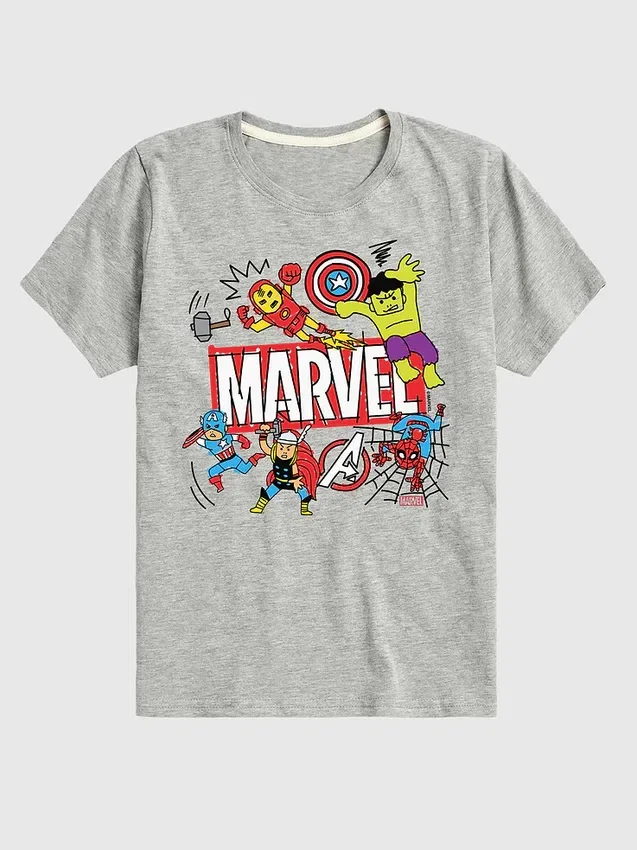 Camiseta gráfica de manga corta con diseño de garabatos de los Vengadores de Marvel para niños pequeños en pantalones cortos