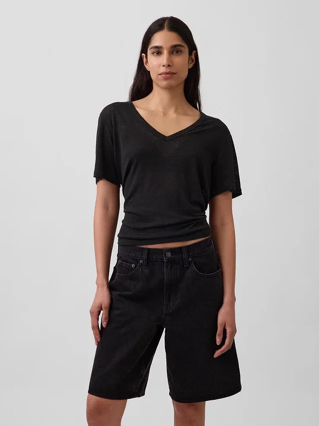 Camiseta holgada con cuello en V de mezcla de lino