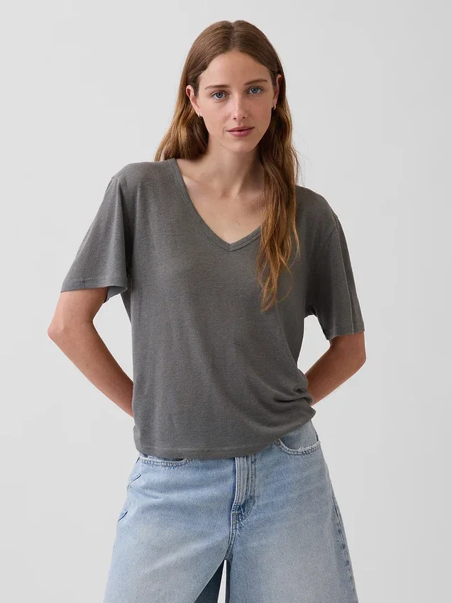 Camiseta holgada con cuello en V de mezcla de lino