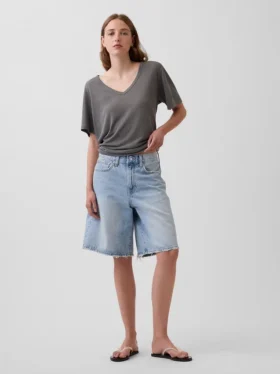 Camiseta holgada con cuello en V de mezcla de lino