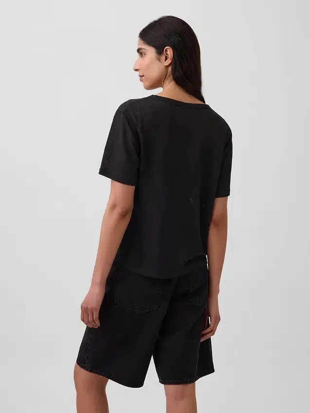 Camiseta holgada con cuello en V de mezcla de lino