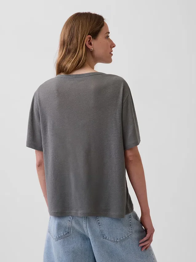 Camiseta holgada con cuello en V de mezcla de lino