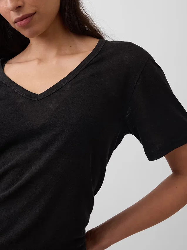 Camiseta holgada con cuello en V de mezcla de lino