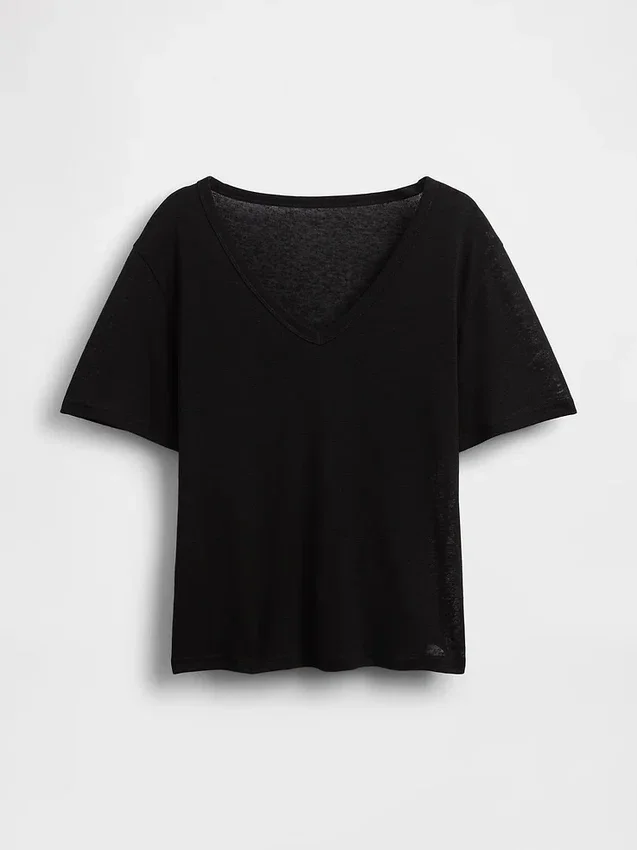 Camiseta holgada con cuello en V de mezcla de lino