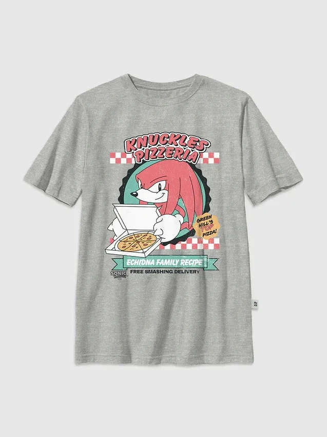 Camiseta infantil con diseño de Knuckles comiendo pizza de Sonic the Hedgehog