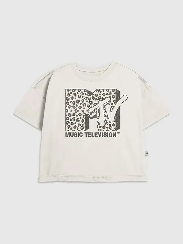 Camiseta infantil con diseño gráfico del logotipo de MTV con estampado de leopardo