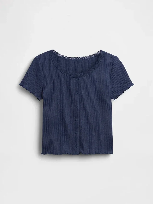 Camiseta infantil de punto acanalado con detalle de encaje y botones al frente