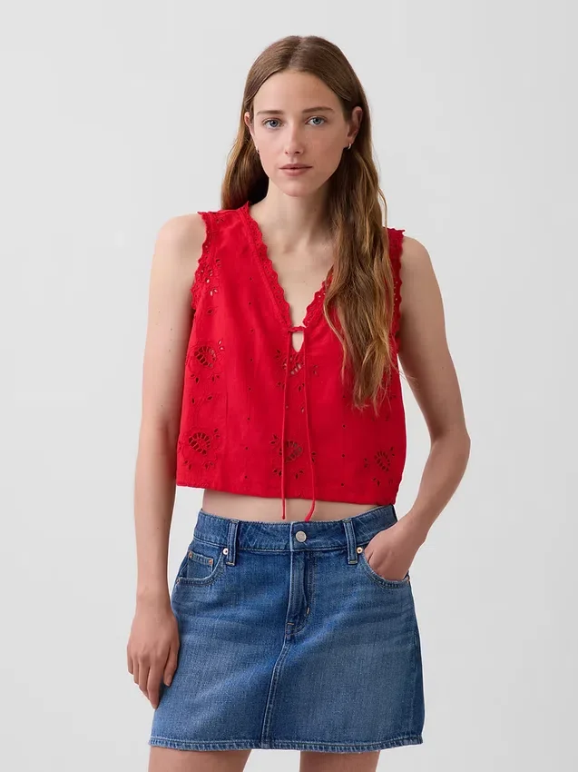 Camiseta sin mangas corta bordada de mezcla de lino