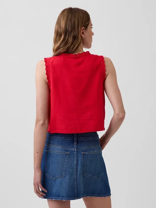 Camiseta sin mangas corta bordada de mezcla de lino