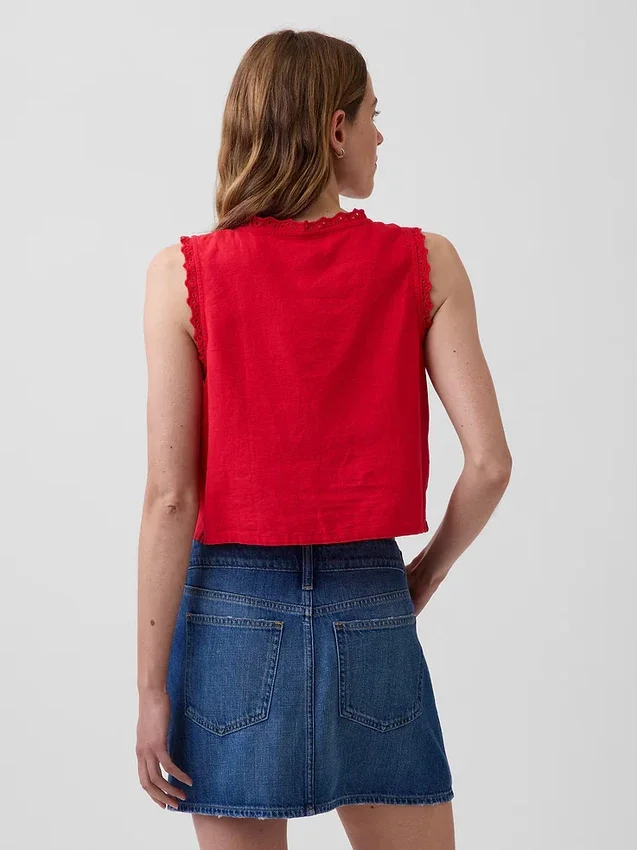 Camiseta sin mangas corta bordada de mezcla de lino