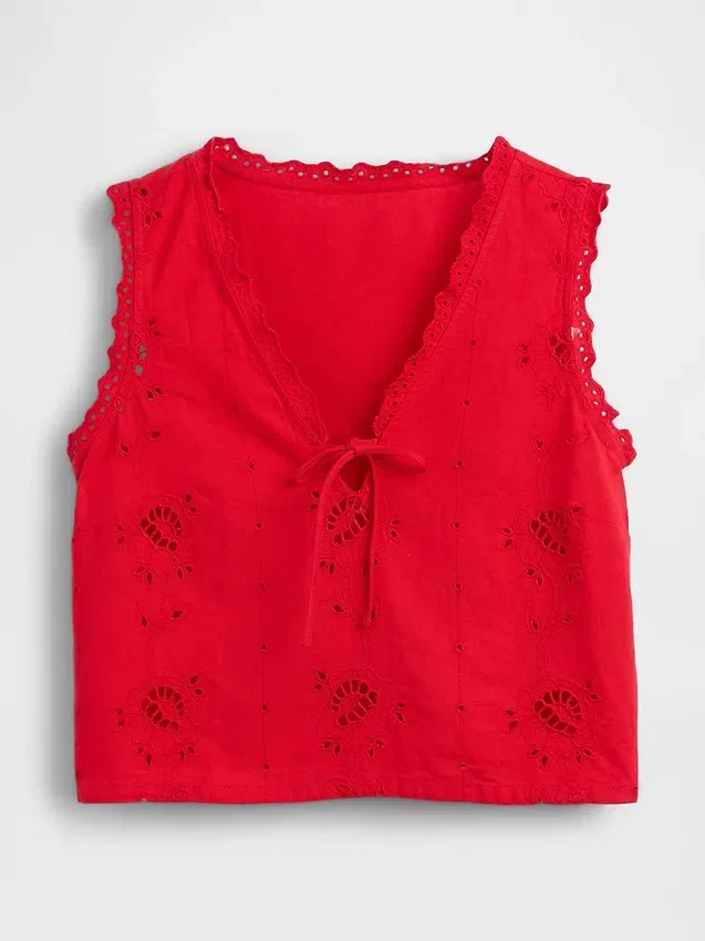 Camiseta sin mangas corta bordada de mezcla de lino