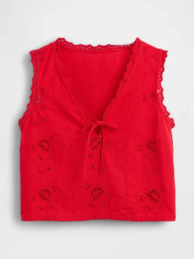 Camiseta sin mangas corta bordada de mezcla de lino