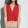 Camiseta sin mangas corta bordada de mezcla de lino