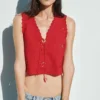 Camiseta sin mangas corta bordada de mezcla de lino