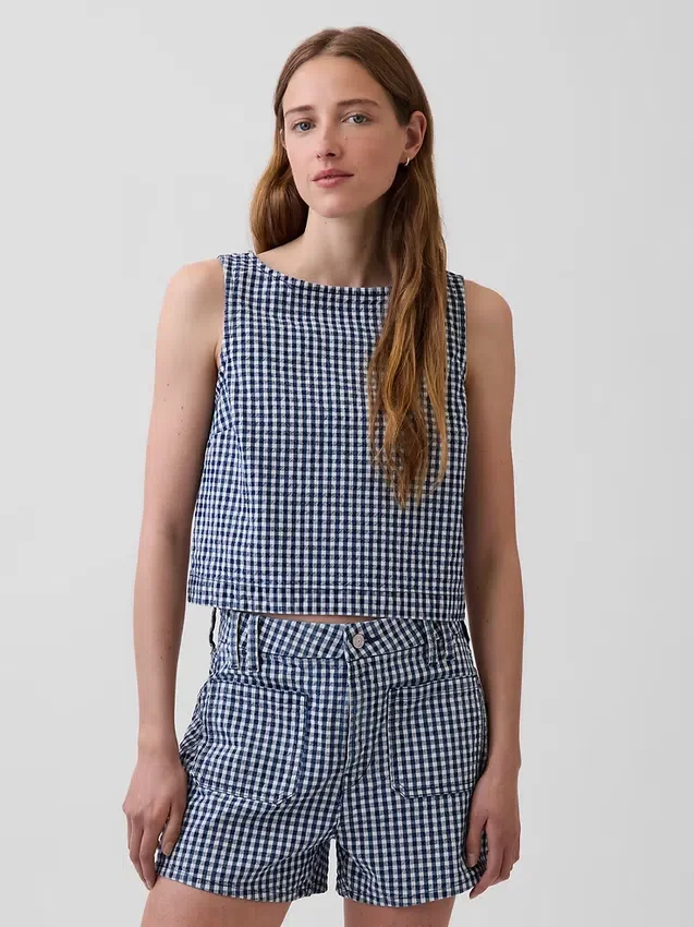 Camiseta sin mangas corta de denim con estampado de cuadros vichy
