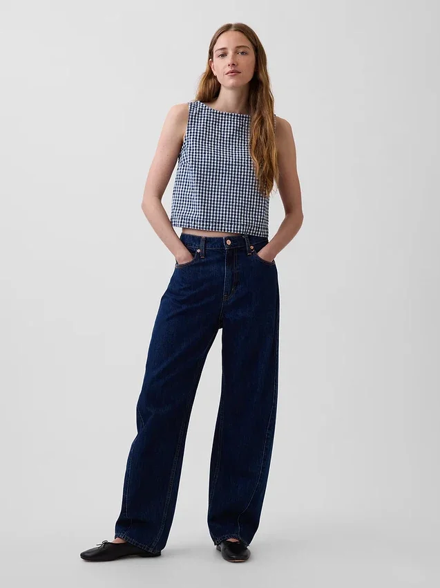 Camiseta sin mangas corta de denim con estampado de cuadros vichy
