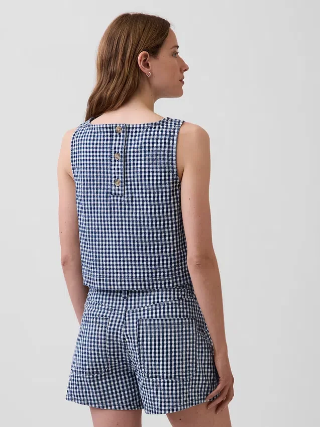 Camiseta sin mangas corta de denim con estampado de cuadros vichy