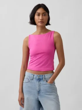 Camiseta sin mangas corta de jersey de punto tupido con cuello barco